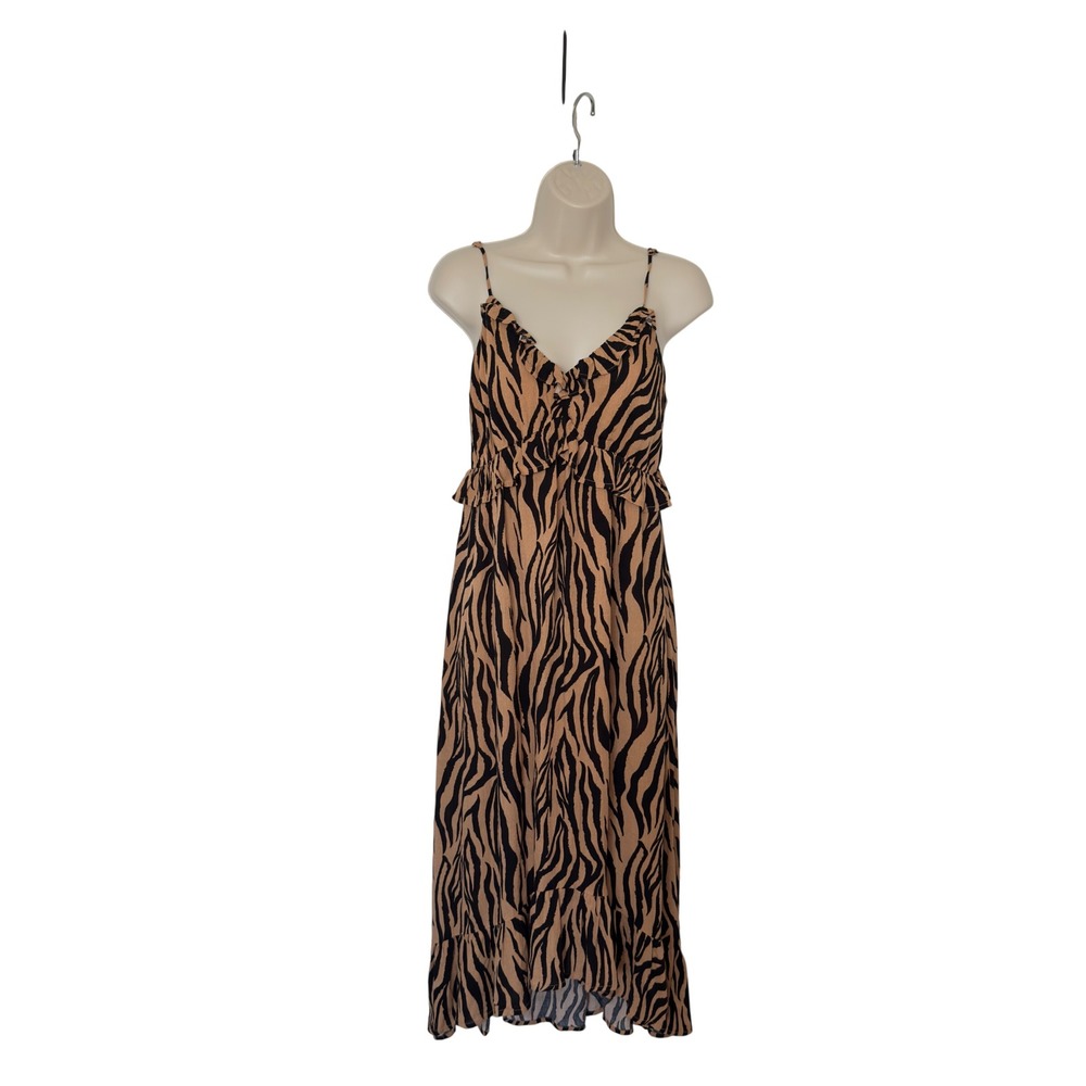 Illa‎ Illa Medium Black Tan Zebra V Neck Sleeveless Midi Dress Ruffle Detail